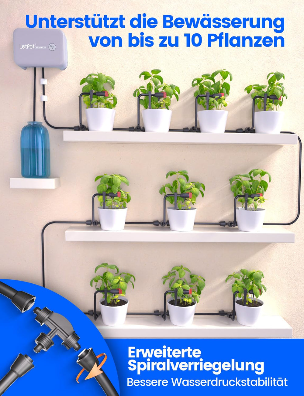 WiFi automatisk indendørs vandingssystem - Smart drypvandingssystem med appkontrol, vandingscomputer til 10 stueplanter, ferievanding og plantevanding (grå)