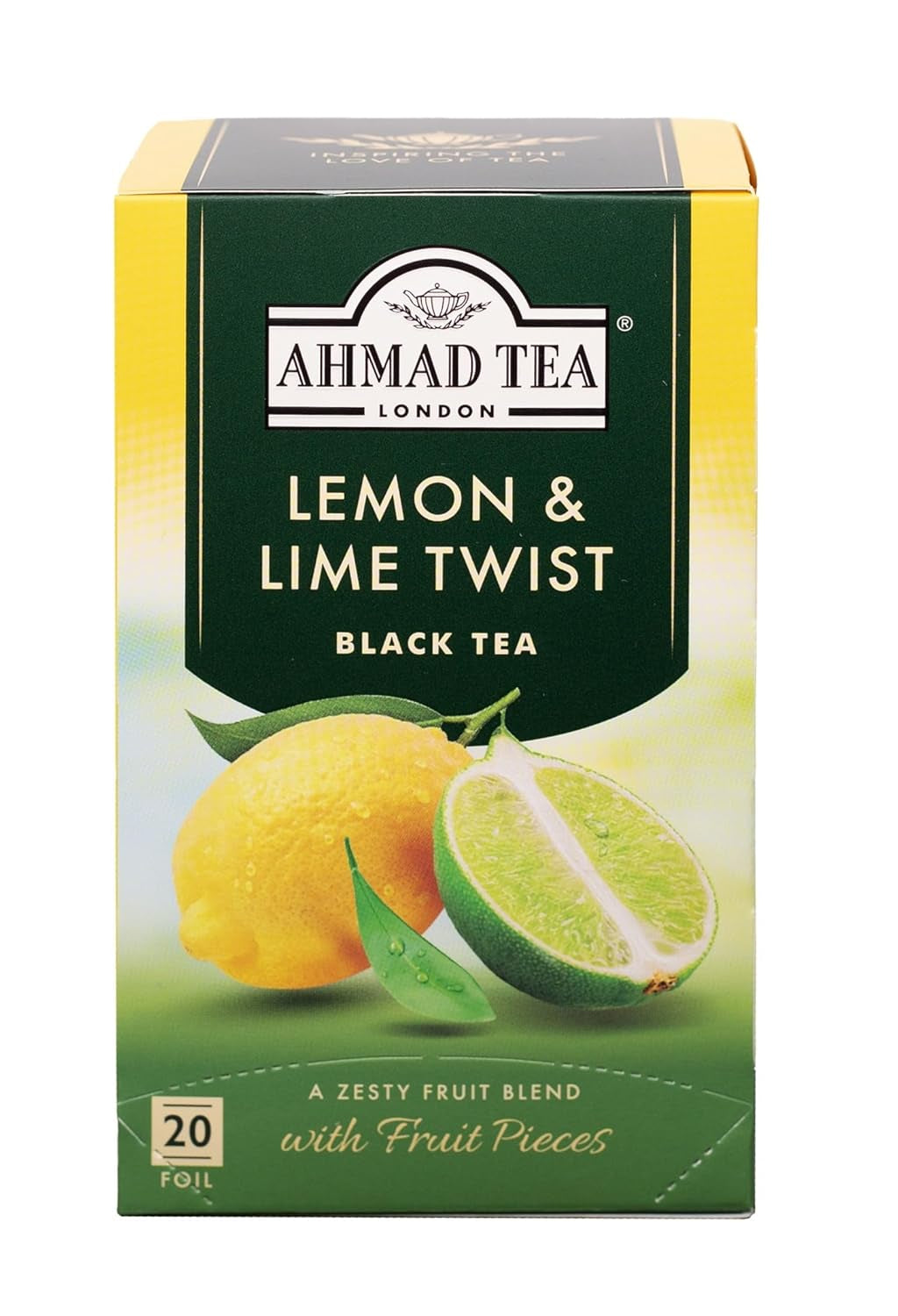 Ahmad Tea - Fruit Tea Selection - Sortiment de ceaiuri de fructe din ceai negru - Măr, piersică și fructul pasiunii, căpșuni, lămâie și lime - Ambalate individual și sigilate pentru păstrarea aromelor - 20 pliculețe de ceai cu bandă