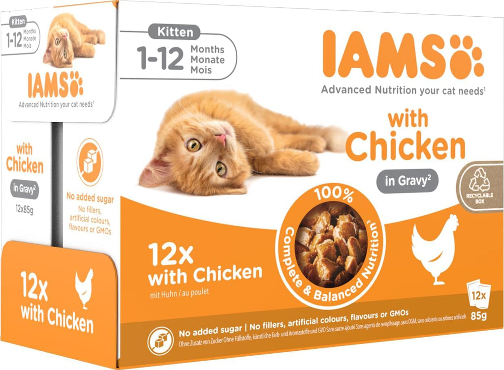 IAMS Delights Kitten Hrană umedă - Multipack Hrană pentru pisici cu pui în sos, hrană de înaltă calitate pentru pisoi junior de la 1-12 luni, 12 X 85G