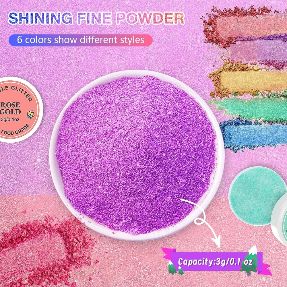 Sclipici comestibil 6 x 3g, Sclipici comestibil pentru băuturi, Sclipici alimentar, Set de 6 culori, Pudră sclipici, Sclipici pentru copt pentru ciocolată, căpșuni, prăjituri, fondant, băuturi, Inodor, Vegan