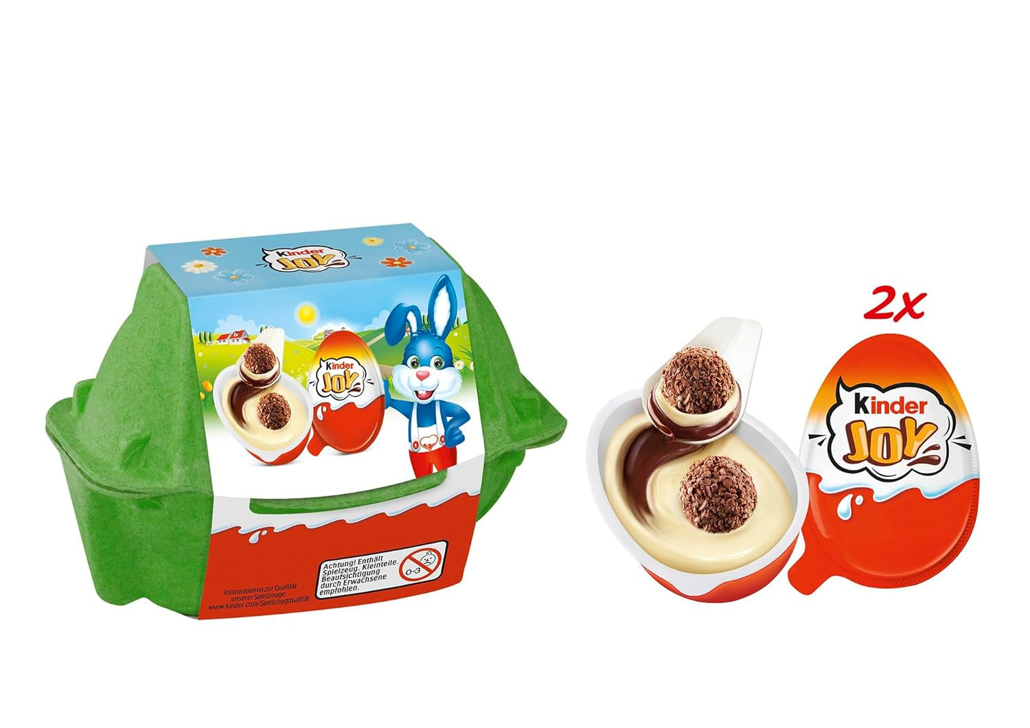 Kinder Joy pakke med 2 - Den ene halvdel med lækker mælk og kakaocreme og sprøde kugler, og den anden halvdel med en stor overraskelse - påskechokolade, påskeslik - påskegave - 40g