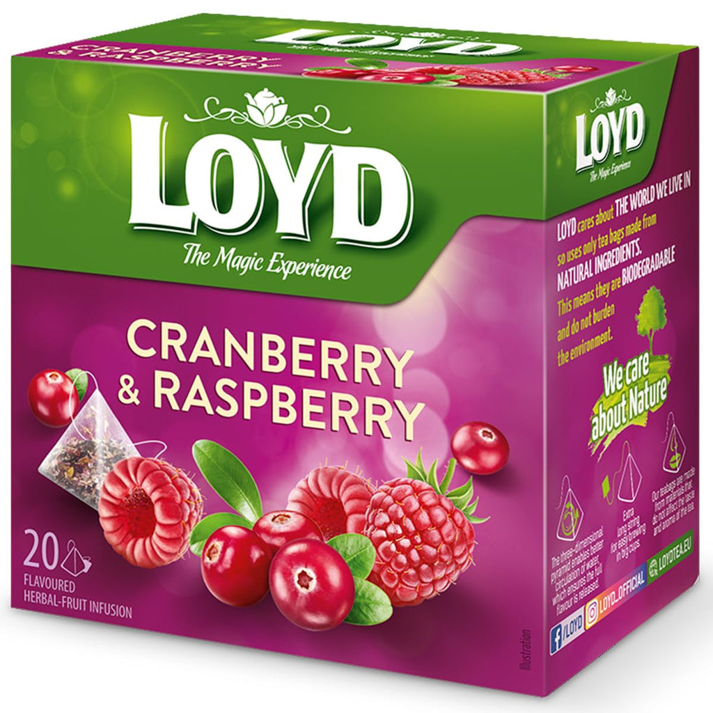 LOYD - Ceai de fructe Cranberry and Raspberry - 20 pliculețe piramidale - Amestec aromat de ceai de fructe cu afine, zmeură, frunze de mur - Gust dulce și intens - 40 g