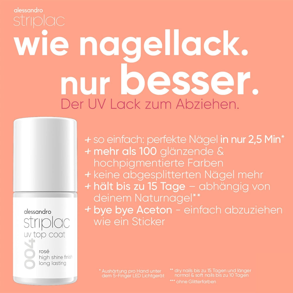 alessandro Striplac UV Top Coat Rosé - Lyse, ridsefaste negle i op til 15 dage - Kan bruges med eller uden farve - Skånsom fjernelsesteknologi - Vegansk - Pink, Gennemsigtig, 6,5 ml