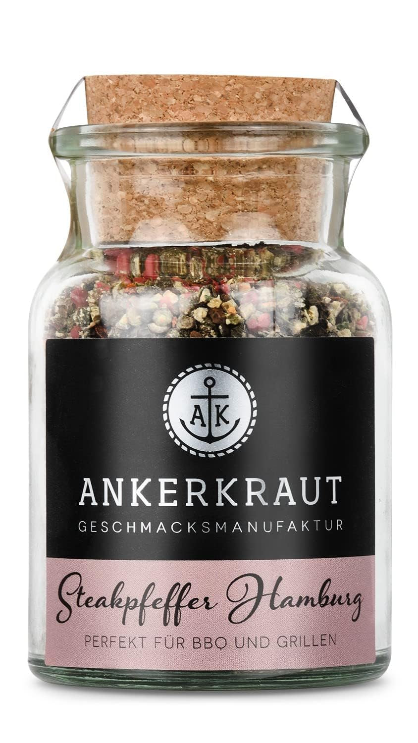 Ankerkraut Steakpfeffer Hamburg, Pfefferkörner Hausmischung, grober Steakhouse-Pfeffer, frische Note, Universal Allrounder, Lecker Kochen mit Qualität, 80 g i Korkenglas