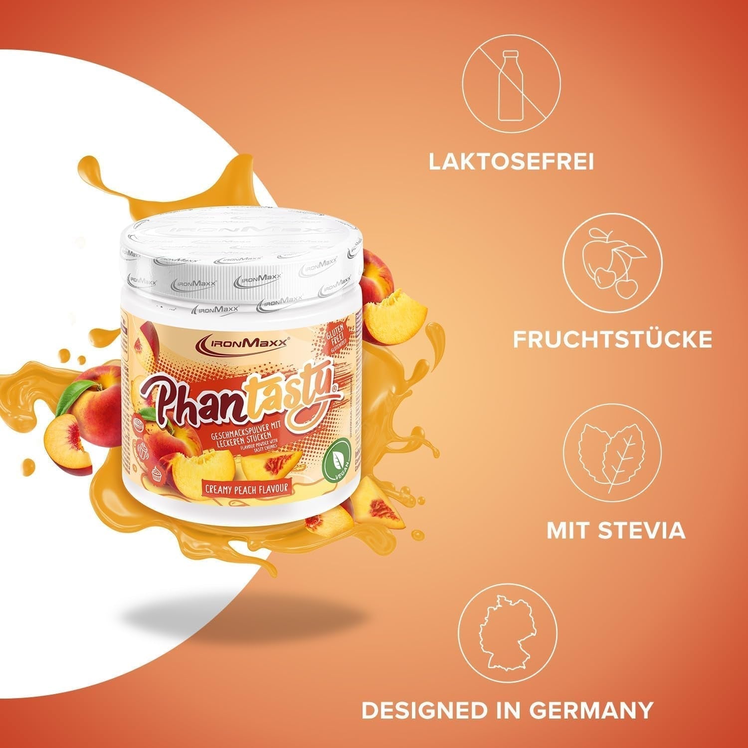 Ironmaxx Phantasty - Creamy Peach 250G Dose | Veganes Geschmackspulver Mit Echten Frucht- Oder Nussstückchen | Perfekter Zuckerersatz Indulcitori Naty Shop