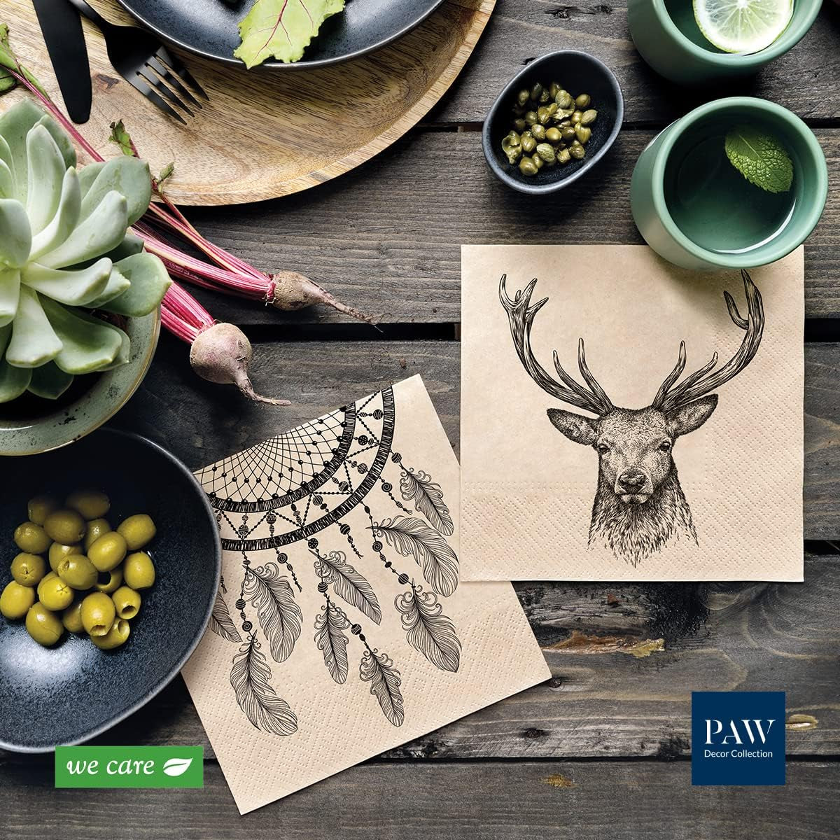 PAW Decor Collection X PAW Decor Collection Cm Șervețele de hârtie cu 3 straturi. 20 de bucăți. Imprimate cu culori pe bază de apă. Decorațiuni de masă. Natură, Hirsc, Paw_022022, căprioară, 33 X 33 Cm (pachet cu 3)