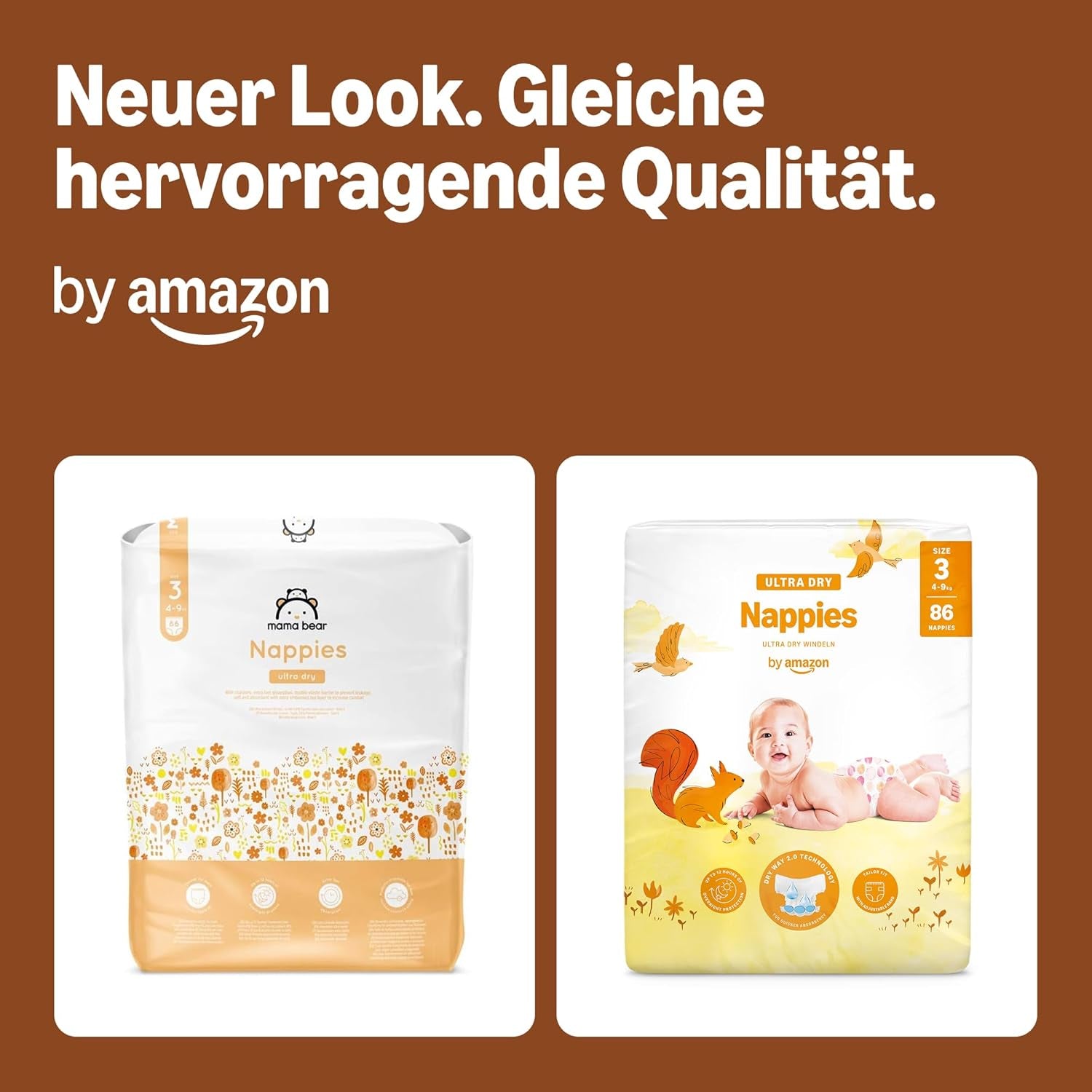 Amazon Ultra Dry Bleer, størrelse 3 (4-9 kg) - Månedlig æske, hvid, 172 antal (2 pakker af 86) (tidligere Mama Bear, identisk produkt)