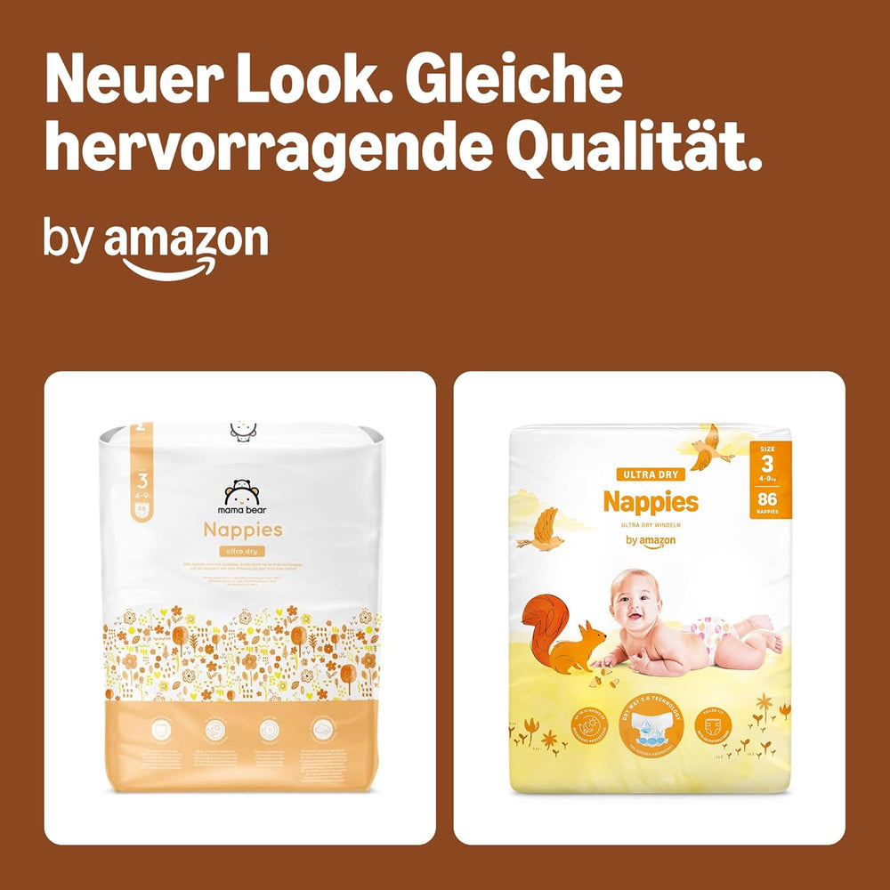 Amazon Ultra Dry Bleer, størrelse 3 (4-9 kg) - Månedlig æske, hvid, 172 antal (2 pakker af 86) (tidligere Mama Bear, identisk produkt)