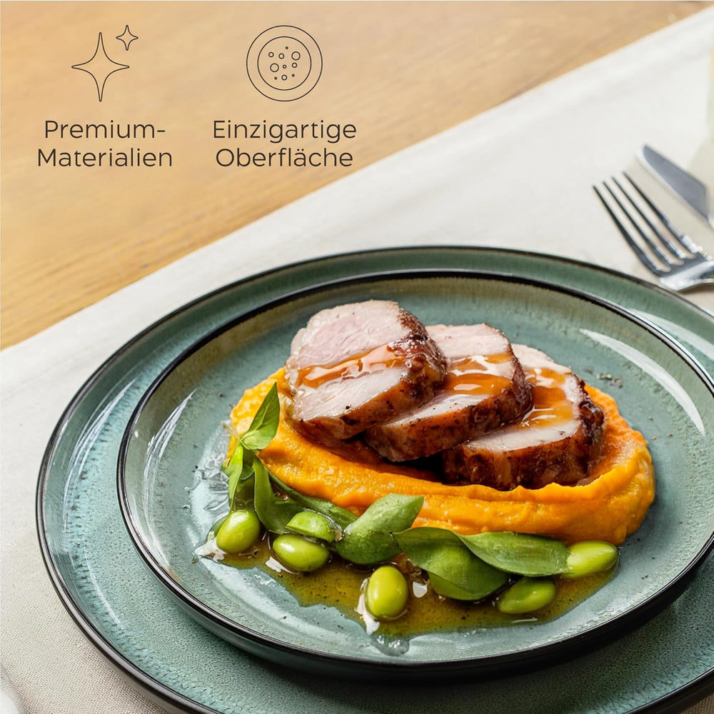 Set de veselă din gresie Twinzee, 24 de piese pentru 6 persoane - Set bol și farfurie - Veselă din gresie pentru cuptorul cu microunde - Colecția Riviera