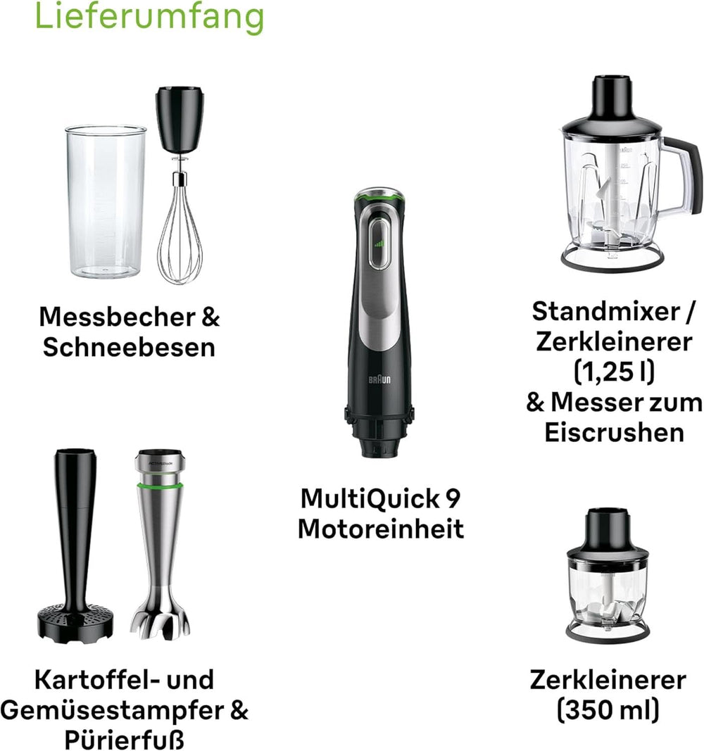 Braun Multiquick 9 MQ 9147X – 5-i-1 Stabmixer Mit Standmixer-Aufsatz, Zerkleinerer, Kartoffel- & Gemüsestampfer & Schneebesen, Stufenlose Geschwindigkeitsenstellung, 1200 W, Schwarz/Edelstahl Kitchen Naty Shop
