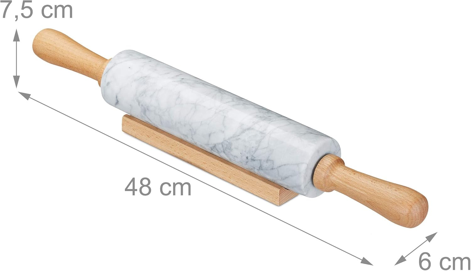 Relaxdays Nudelholz Marmor, Griffe aus Holz, Teigroller zum Kochen & Backen, mit Ablage, 48 cm, schwere Backrolle, hvid