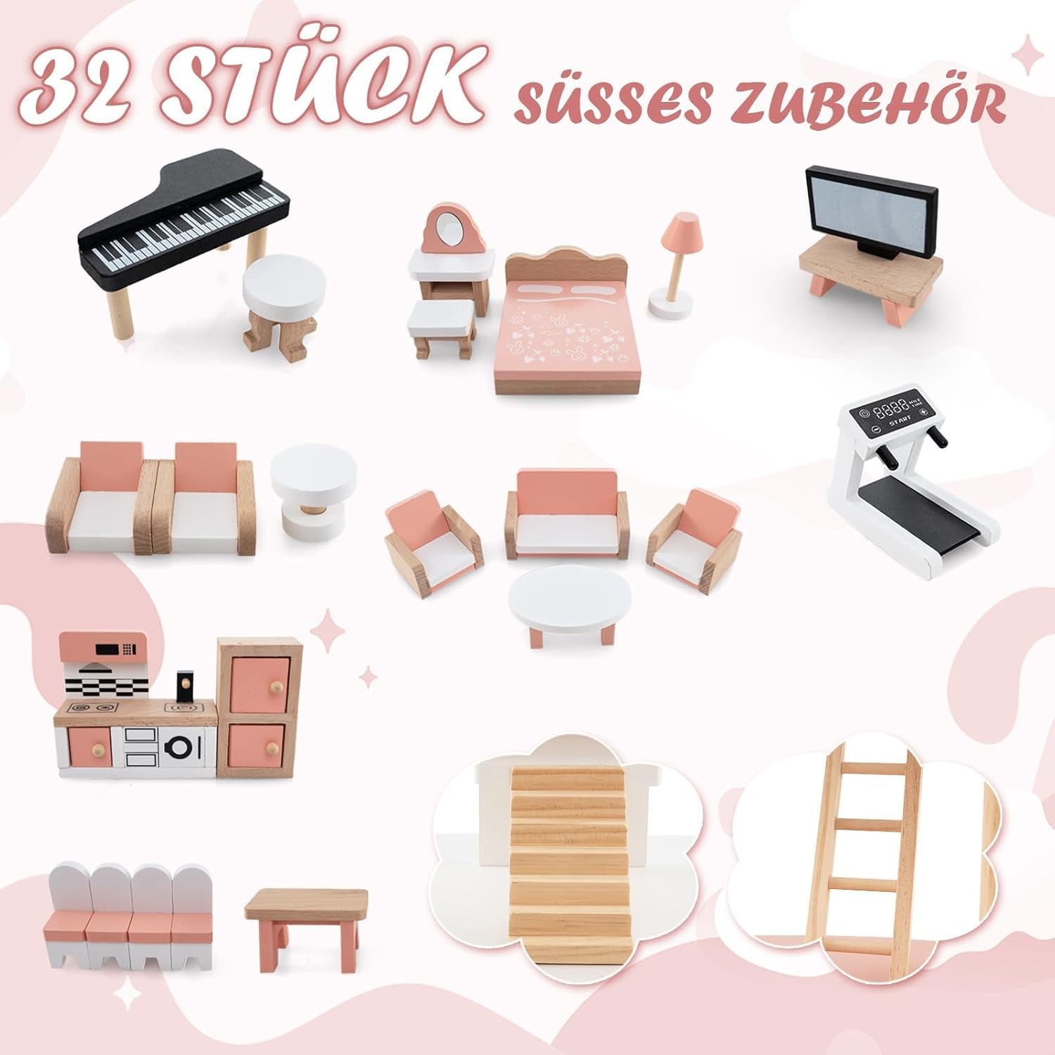 Casă de păpuși din lemn FANTASK, casă de păpuși de 85 cm înălțime 7 camere cu 32 de mobilier și accesorii, vilă de păpuși cu scară de frânghie, cadou de casă de păpuși pentru fete de la 3 ani (Model 3) Casute de papusi Naty Shop