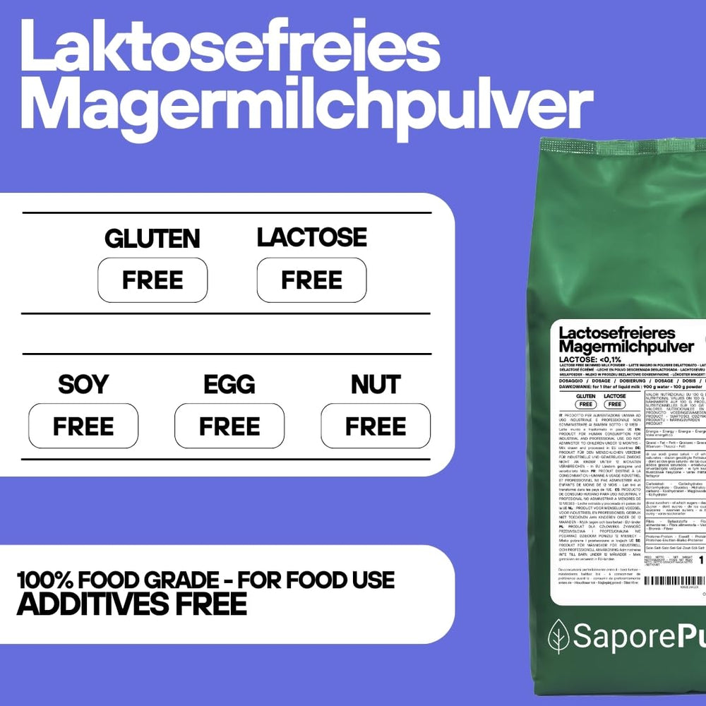 Laktosefreies Magermilchpulver 1 kg | Hohe Löslichkeit | Ideel til bagværk, brød og mad Professionel og industriel brug Laktosefri Glutenfri
