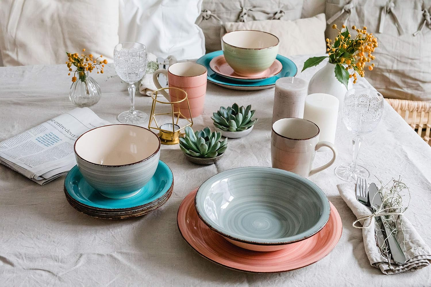 Set de veselă MÄSER pentru 6 persoane, aspect vintage modern, serviciu de masă cu 12 piese, pictat manual, verde, gresie, verde măsliniu (Bel Tempo II)