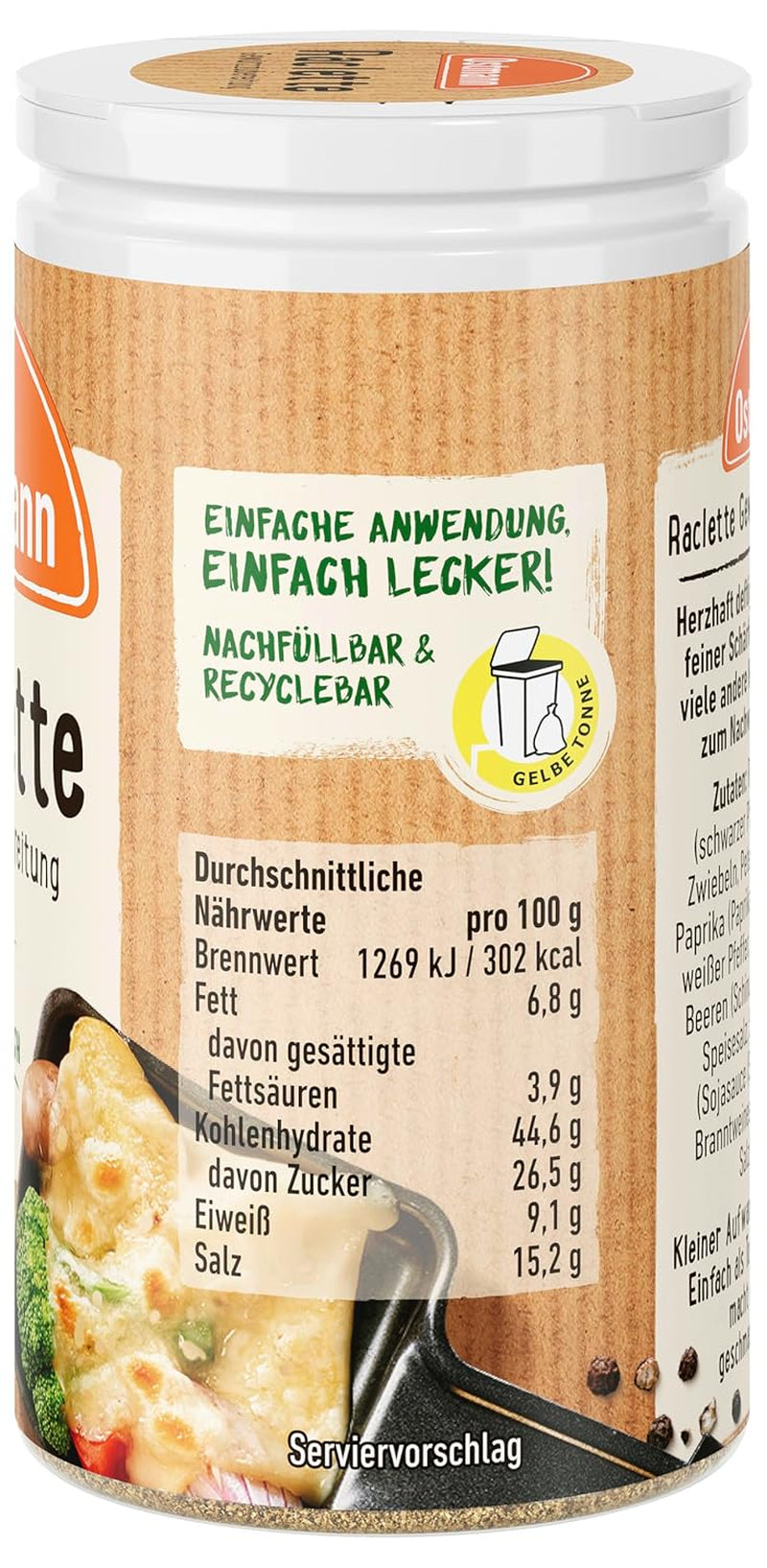 Ostmann Gewürze - Raclette Gewürzzubereitung | Zum Würzen von Käsegerichten | Recyclebare, nachfüllbare Streudose | 45 g i Streuer