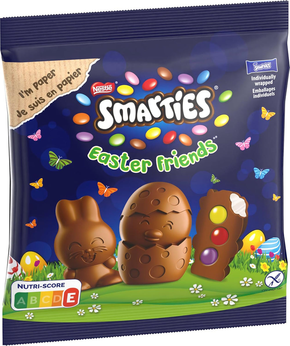 NESTLÉ SMARTIES Easter Friends, figurer med påsketema, lavet af fin mælkechokolade med cremet fyld og farvede mini linser med SMARTIES chokolade, 1 pakke (1 x 65g)