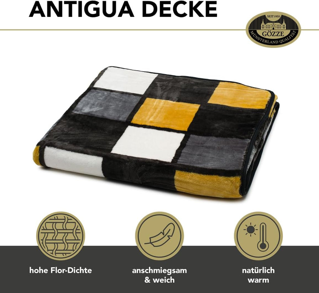 Gözze - Pătură moale și confortabilă, senzație de cașmir, greutate mare a țesăturii 500 G/M², Antigua, 150 X 200 Cm - Muștar/Negru/Alb Paturi si Cuverturi Besuche den GÃ¶zze-Store