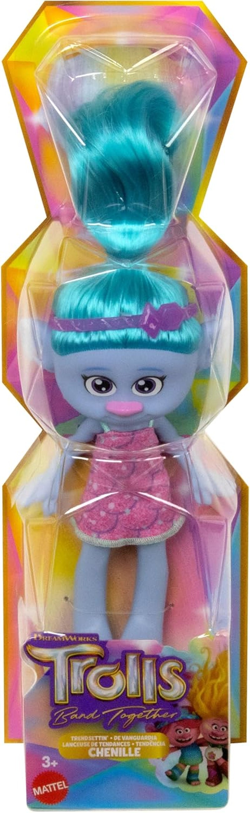 Mattel DREAMWORKS TROLLS Gemeinsam Stark – Haarige Überraschungen Chenille Puppe mit Lechtend blauem Haar zum Stylen, lila Stirnband, für Kinder ab 3 Jahren, HNF15