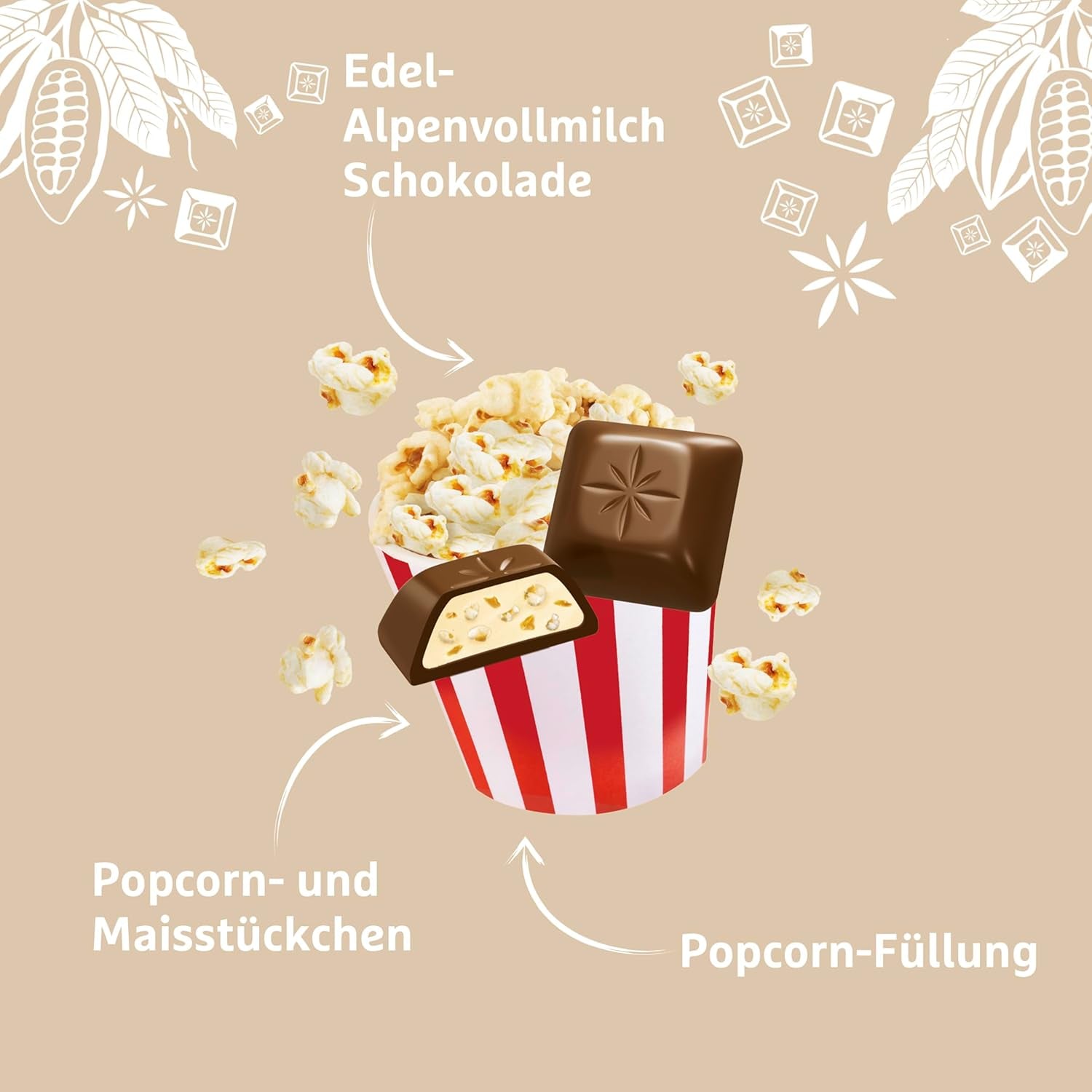 Schogetten popcorn 1 chokoladebar x 100g, mælkechokolade med popcorn og majsstykker, praktiske enkeltstykker. En delikatesse. Stykke for stykke.