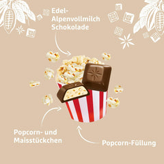 Schogetten popcorn 1 chokoladebar x 100g, mælkechokolade med popcorn og majsstykker, praktiske enkeltstykker. En delikatesse. Stykke for stykke.