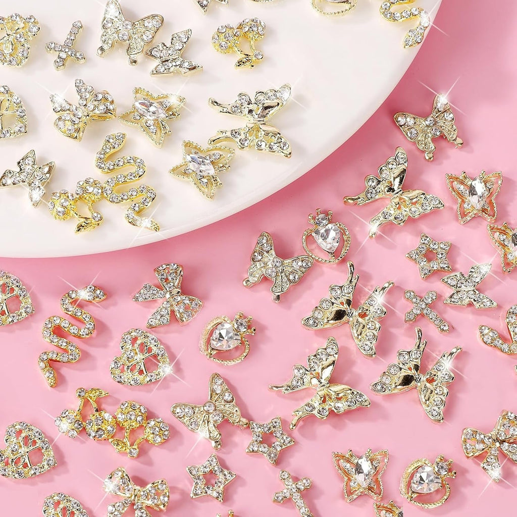 24 Stück Nagel-Charms, Y2K-Legierung, Nail Art, Strass-Charms, 3D-Herz, Schleife, Schmetterling, Charm Mit Strasssteinen, Kirsch-Nagel-Edelsteinen, Glänzender Schmuck