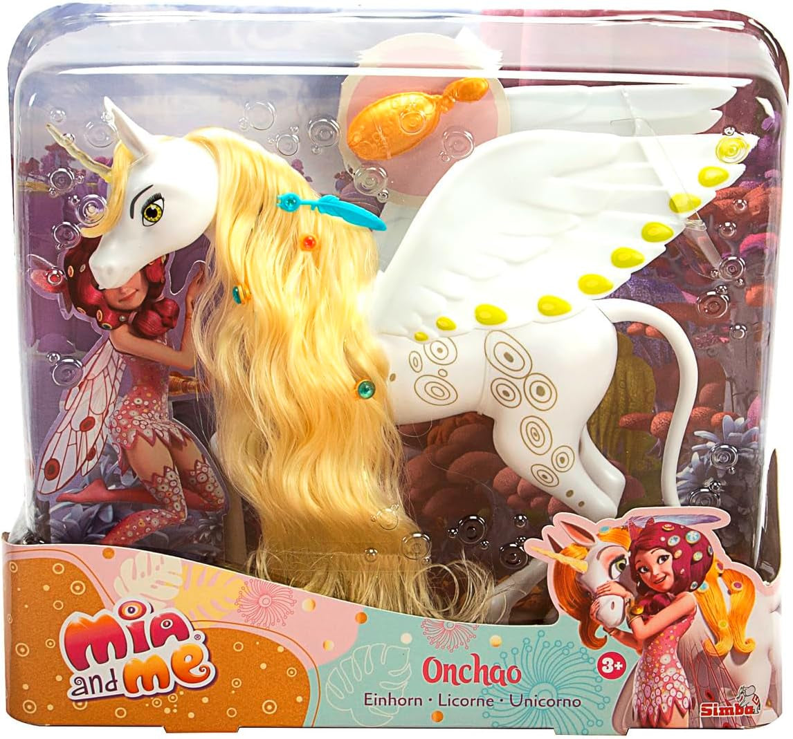 Simba 109480093 - Mia and Me Unicorn Onchao, Med bevægelige vinger, hårspænder, stylingbørste, legehest, pony, Centopia, 3 år og opefter, pink Naty Shop Single Dolls