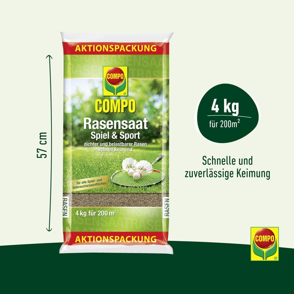 Compo Rasensaat Spiel Und Sport, Universelle Rasenmischung, 4 Kg, 200 M²