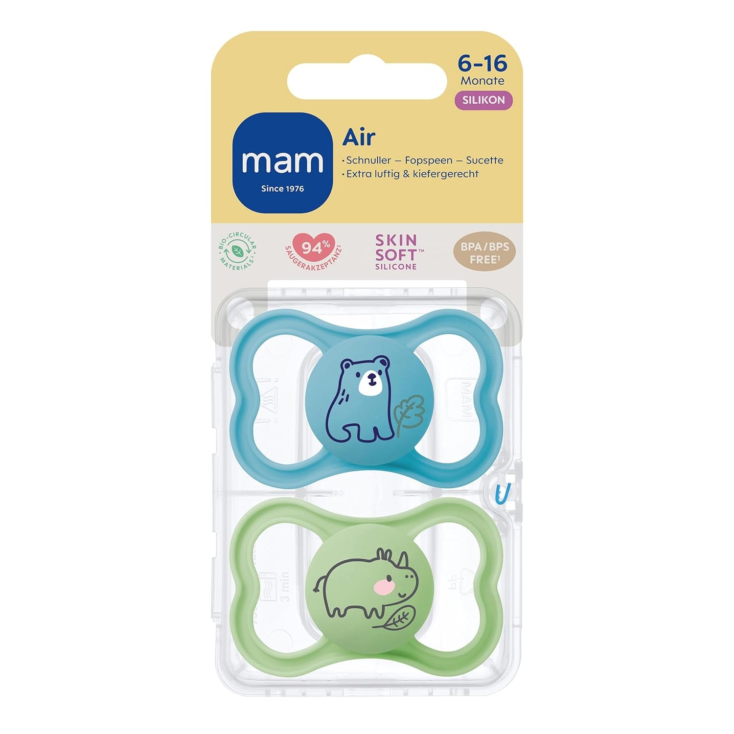Suzete MAM Air din silicon, pachet de 2, design extra ușor și aerisit, suzetă pentru bebeluși prietenoasă cu dinții, fabricată din silicon special MAM SkinSoft, cu cutie pentru suzetă, 6-16 luni, Ursuleț/Rinocer