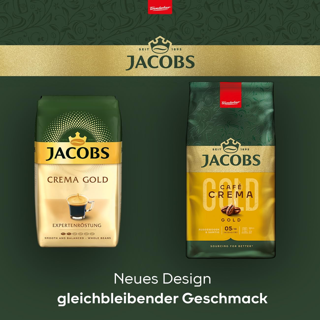 Jacobs Café Crema Gold kaffebønner 1 kg – Vollmundig, Aromatisch, Fruchtige noter, Arabica & Robusta bønner, Intensität 5/10, Ideel til Café Crema Naty Shop