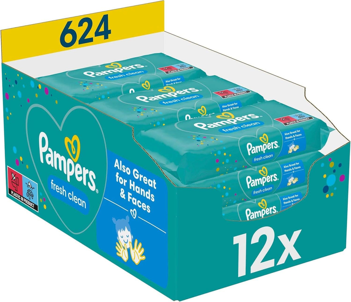 Pampers Fresh Clean vådservietter, 624 vådservietter, let duft, også velegnet til hænder og ansigt Baby Wet Wipes Naty Shop
