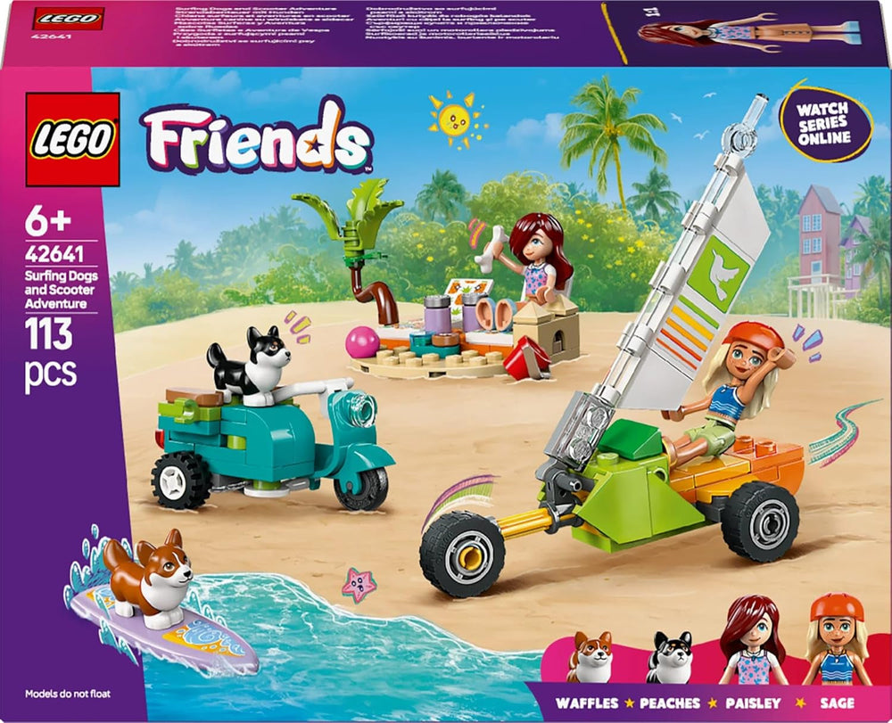 LEGO Friends Strandeventyr med hunde Byggelegetøj til piger 6 år gammelt dyrelegesæt med 2 minifigurer og 2 corgifigurer Kreativ børnegave Surfboard Adventure Byggesæt 42641 Byggesæt Besuche den LEGO-Store