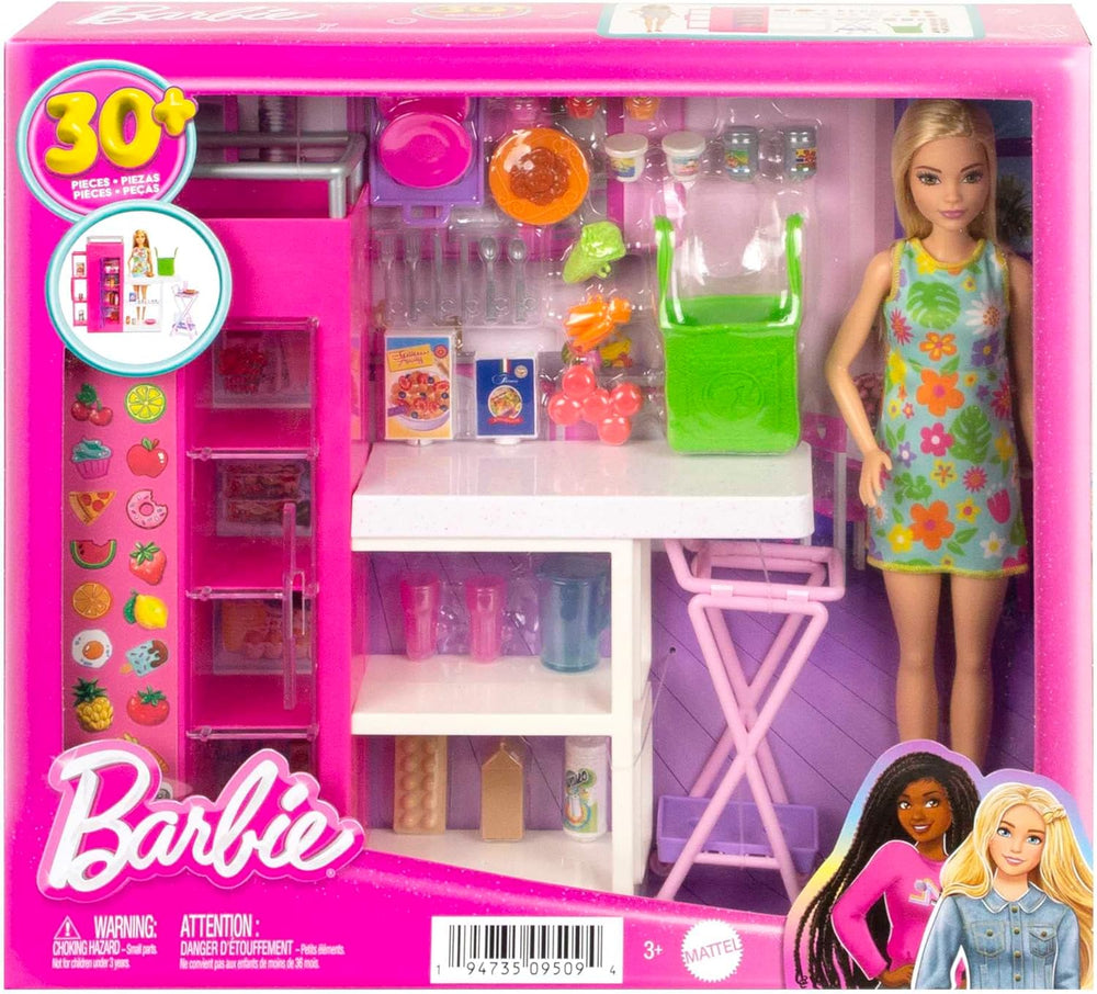 Păpușă Barbie Pantry Playset cu peste 25 de piese și accesorii de bucătărie - Perfectă pentru micii gurmanzi și cadou pentru copii cu vârsta de 3 ani și peste, HJV38