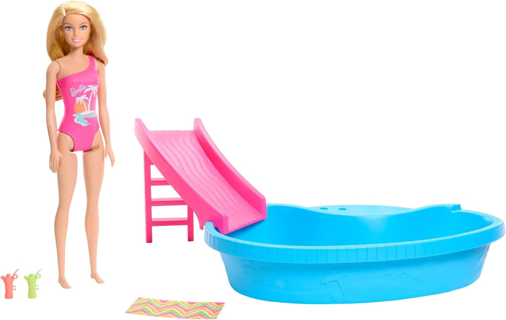 Păpușă Barbie și accesorii - piscină cu tobogan și accesorii pentru ore întregi de distracție la soare, costum de baie roz cu design tropical, pentru copii cu vârsta de 3 ani și peste, HRJ74