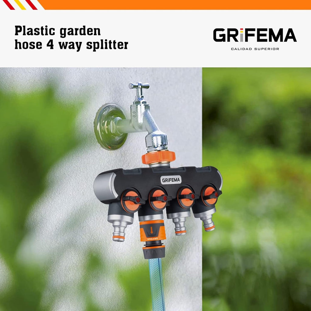 Distribuitor GRIFEMA cu 4 căi, racord de apă de 3/4 inch și 1/2 inch, 4 dispozitive pot fi conectate simultan, debit de apă reglabil, portocaliu/negru