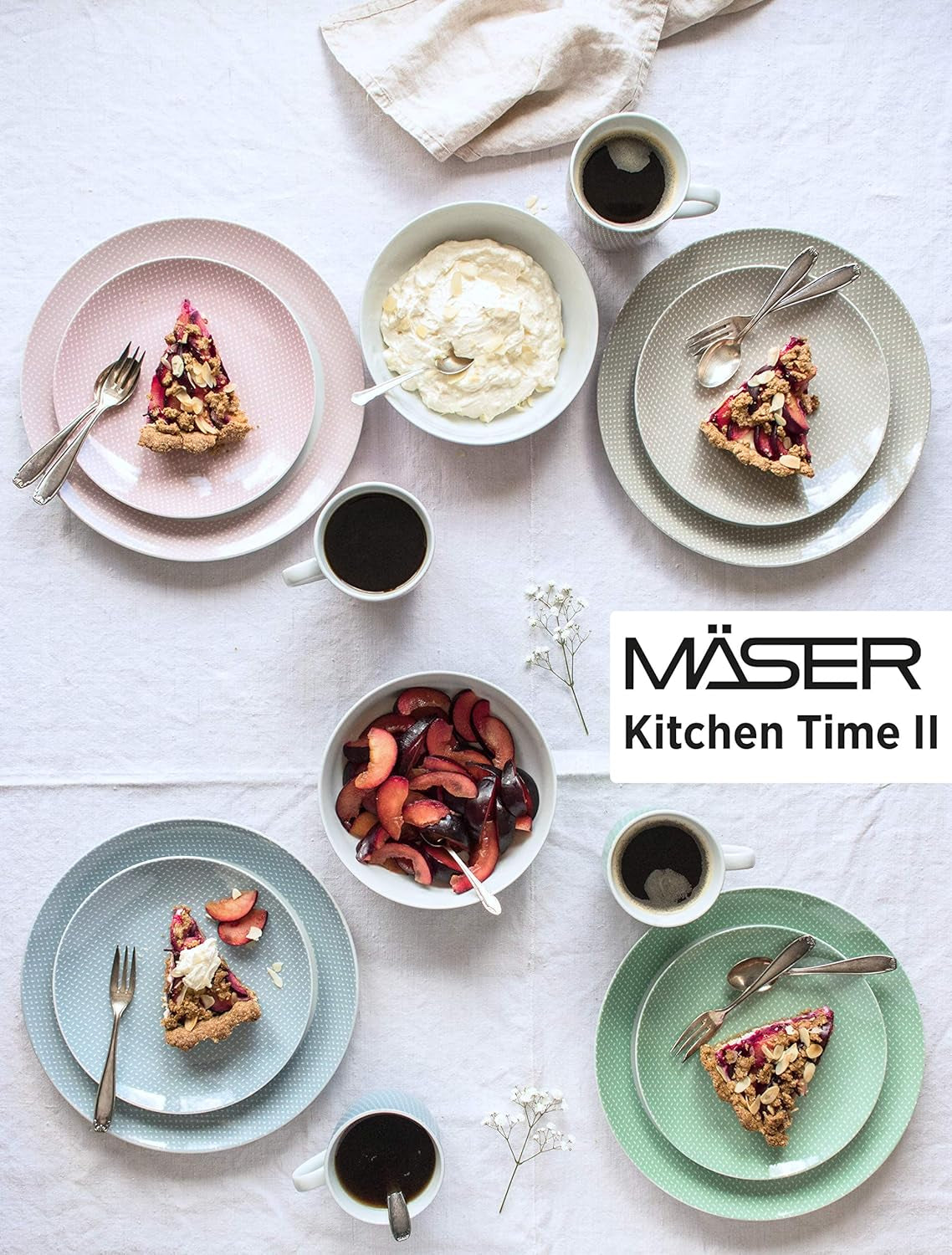 MÄSER Kitchen Time II, Set de veselă pentru 4 persoane, Serviciu combinat cu 16 piese în culori pastelate cu model subtil, Porțelan, Roz