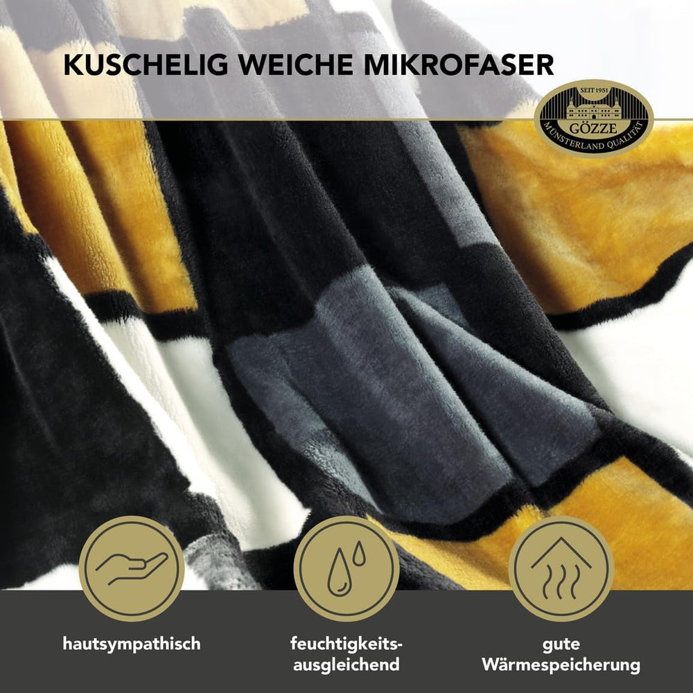 Gözze - Blødt og behageligt tæppe, kashmirfølelse, tung stofvægt 500 G/M², Antigua, 150 X 200 Cm - Sennep/sort/hvid Senge og tæpper Besuche den Gözze-Store
