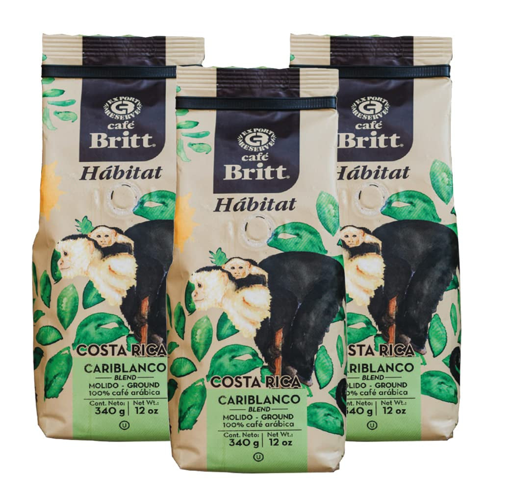 Café Britt® - Amestec Costa Rican Habitat Cariblanco (340 g) (Pachet de 3) Cafea Arabica boabe întregi, Kosher, fără gluten, prăjire gourmet și mediu închisă…