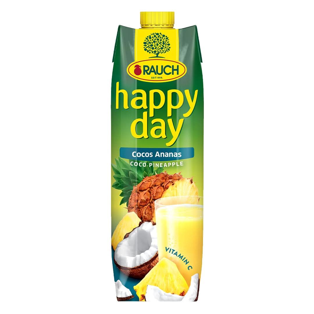 Rauch Happy Day kokos-ananas | En tur til Caribien | Ananas frugtjuice og kokosvand | 6 x 1 liter, Tetra Prisma Alkoholfri drikkevarer Naty Shop