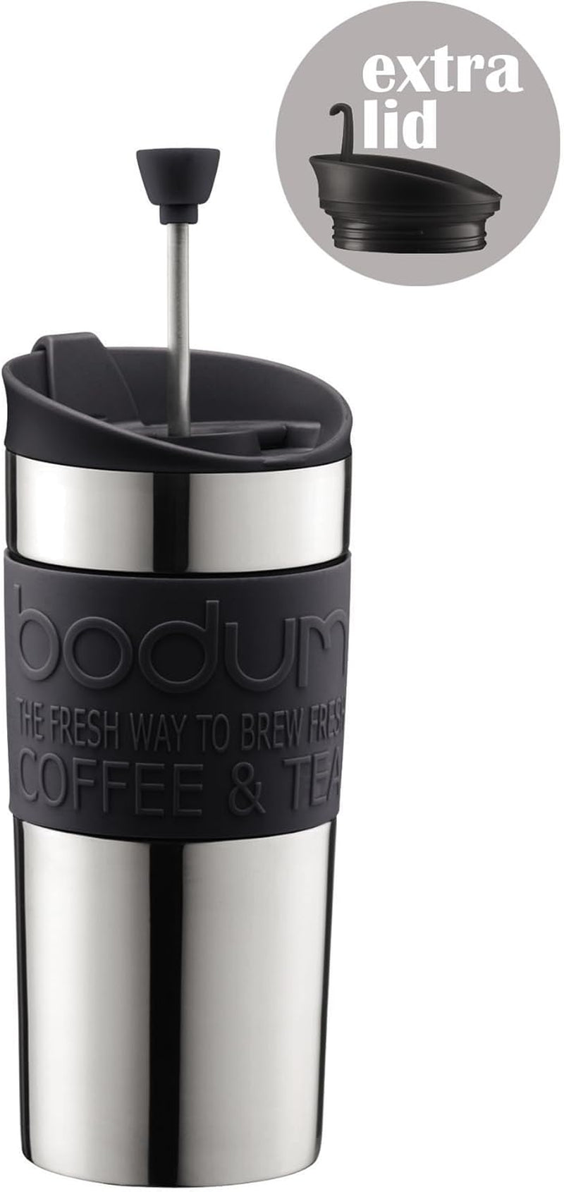 Cafetieră Bodum K11067-01 Travel Press din oțel inoxidabil, neagră, cu capac de schimb, 350 ml