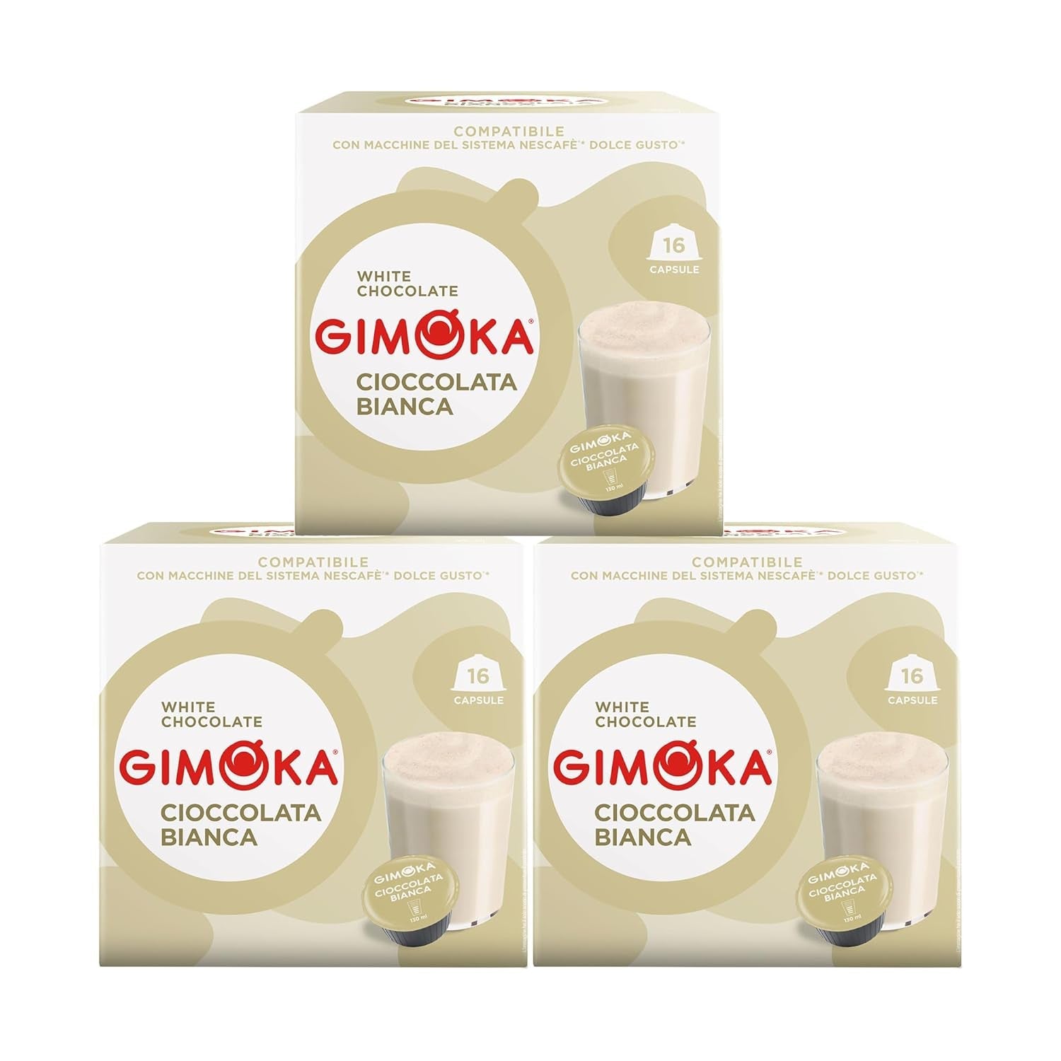 Gimoka Kaffeekapseln, Geschmack WEISSE SCHOKOLADE - 48 Kapseln Kompatibel mit Kaffeemaschinen der Marke Nescafè* Dolce Gusto*, 48 Stück (3 x 16 Getränke), Hergestellt in Italien