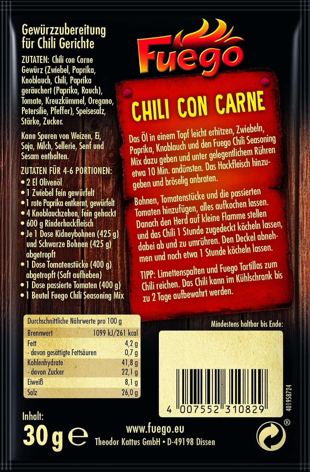 - Chili con Carne Krydderiblanding | Würzmischung für Chili con Carne, vegetarisk Chili uden Carne | Til 4-6 portioner Vegan, ohne Gesmacksverstärker | 30 g i pose