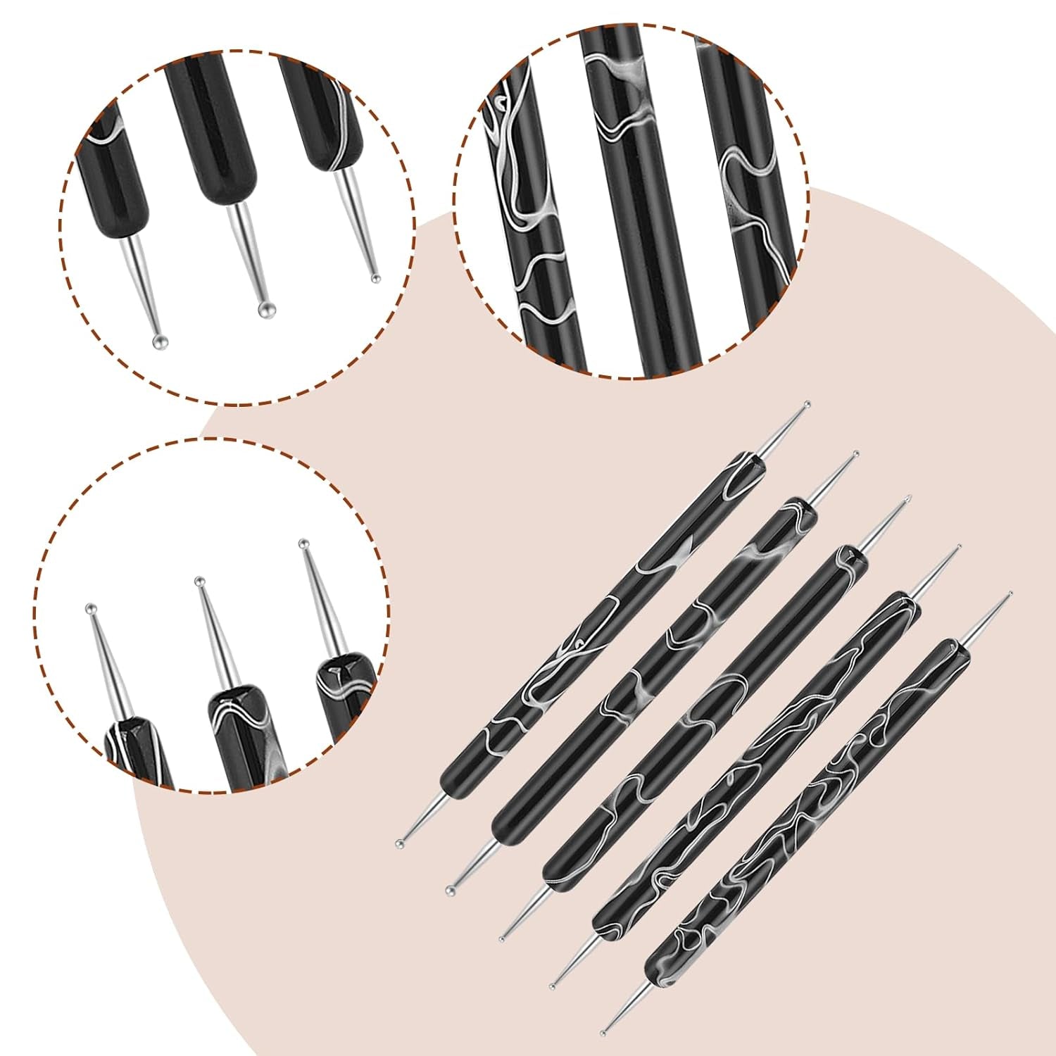 5 Stück Nail Design Dotting Tools Nagelkunst Werkzeug Nagelpunkt Pinsel Punktierung Stift Marbleizing Werkzeug Für Nagellack Maniküre, Schwarz