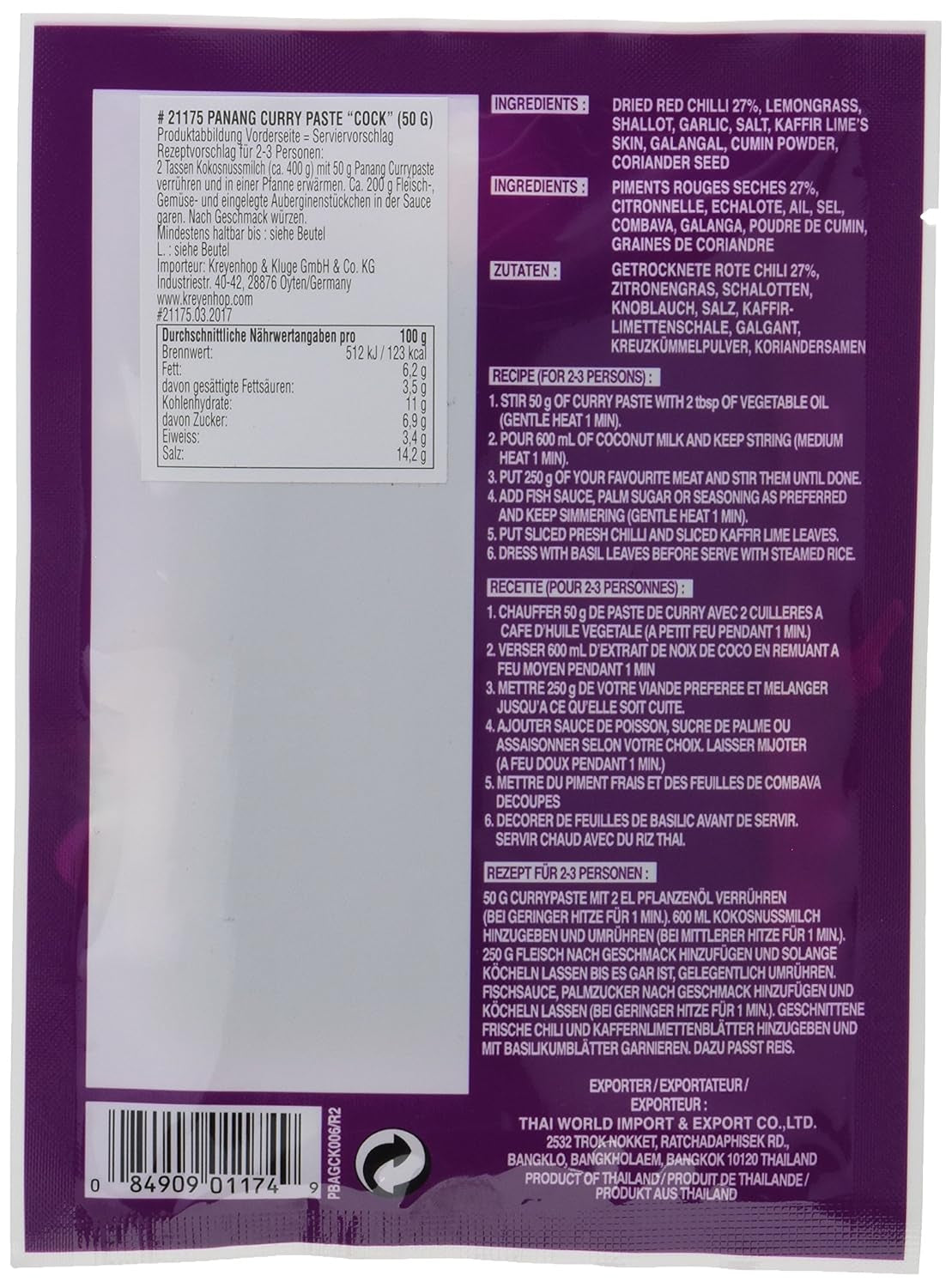 Cock Currypaste Panang, medium Schärfe, autentisk thailändisch Kochen, naturlige ingredienser, vegansk, halal og glutenfri (1 x 50 g)