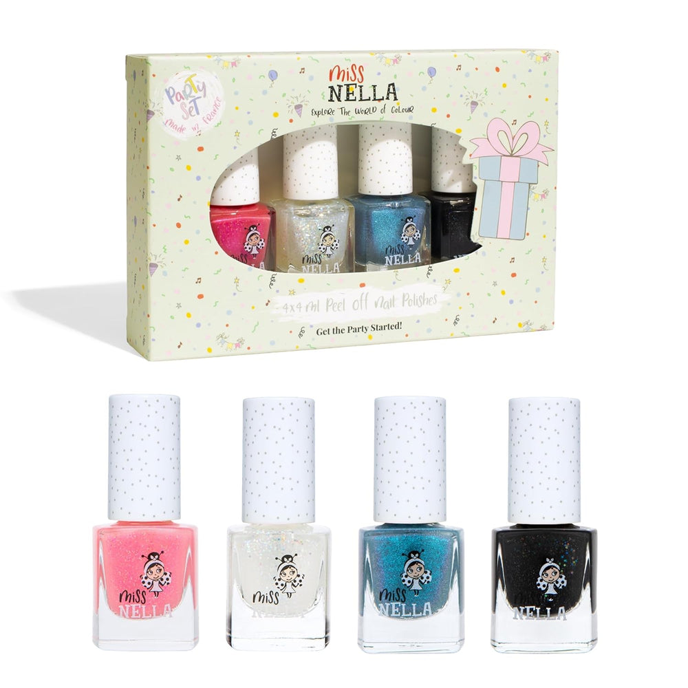 Miss Nella Magic Collection 4-delt glitter neglelaksæt: Pink, rød, guld og blå, special aftagelig neglelak til børn, ikke-giftig, vandbaseret, lugtfri