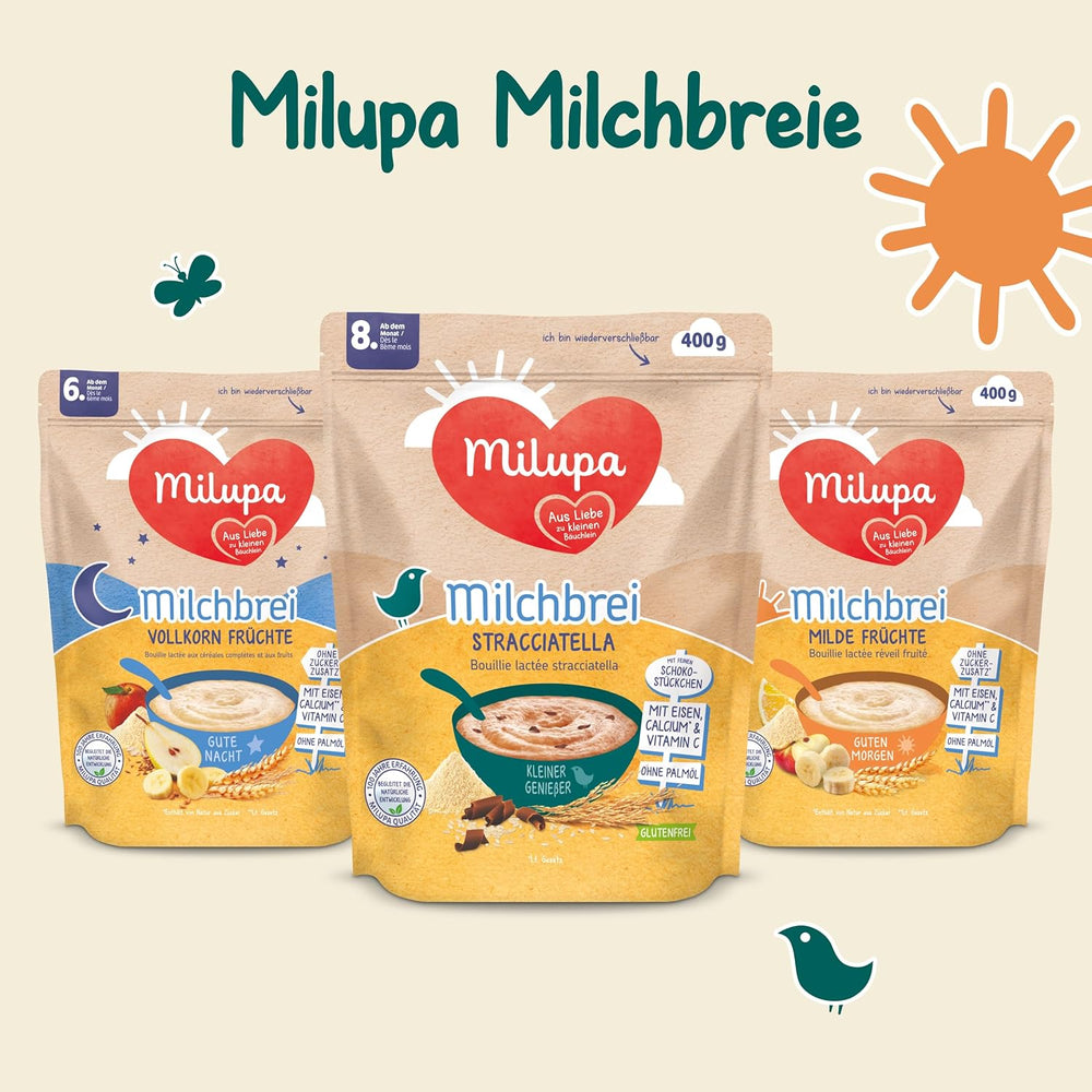 Milupa Stracciatella Mælkegrød - Glutenfri, palmeoliefri babykorn - Fri for konserveringsmidler og farvestoffer - Fra 8 måneder - 4 x 400 g