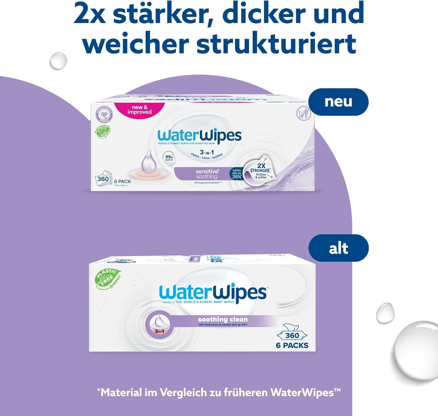 WaterWipes Sensitive+ Soothing Clean 360 stk (6 pakke) 3-i-1 rensning, pleje og beroligende 99 % vand med planteekstrakt uparfumerede babyservietter