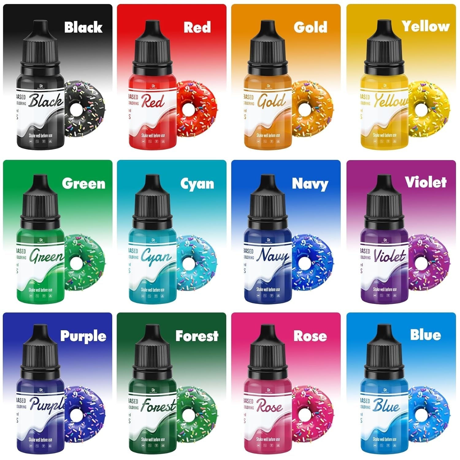 Colorant alimentar liposolubil pentru ciocolată - 12 culori coloranți alimentari pe bază de ulei pentru fondant, decorarea torturilor, copt - colorant alimentar lichid pentru unt de cacao, cremă de unt, prăjituri - 10 ml fiecare