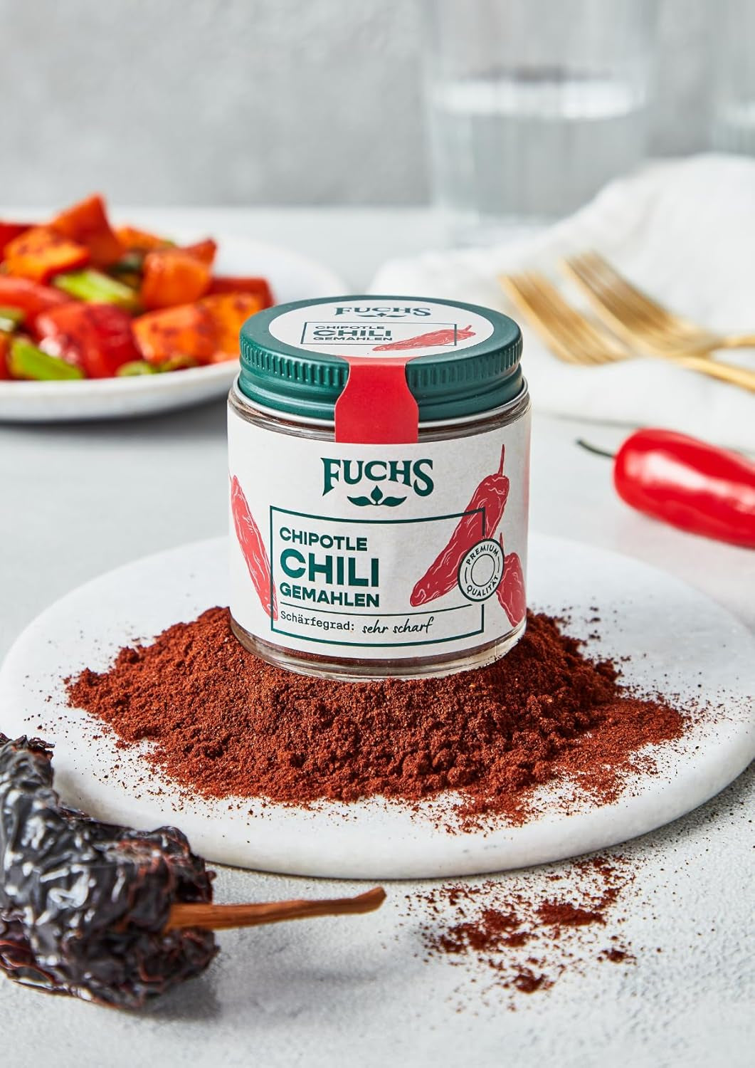 Fuchs Gewürze - Chipotle Chili gemahlen | Rauchiges Chilipulver | Chilipulver i premium kvalitet 50 g im wiederverschließbaren Gewürzglas