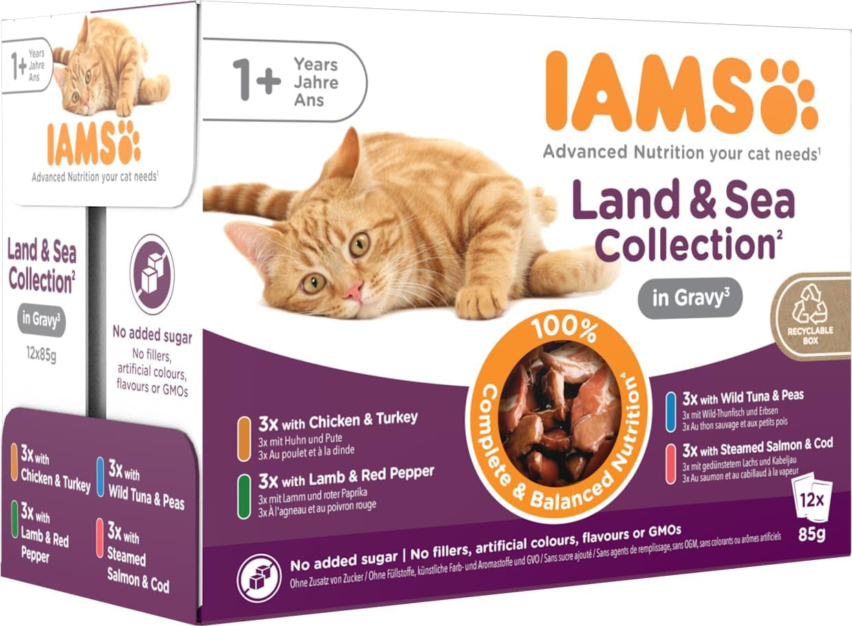IAMS Delights Land & Sea Collection Hrană umedă pentru pisici - Pachet multiplu cu sortimente de carne și pește în sos, hrană umedă pentru pisici de la 1 an, 12 x 85 g