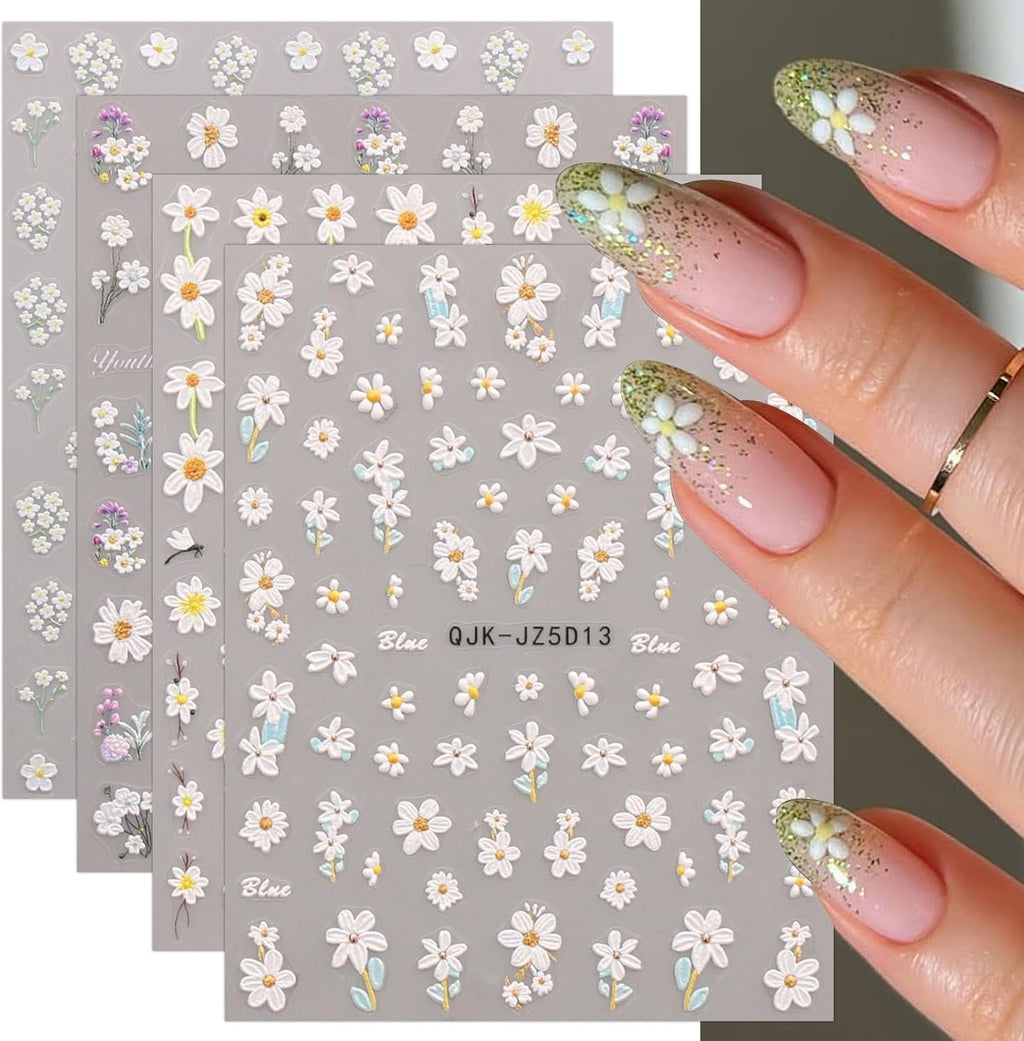JMEOWIO 3D Nagelsticker Blumen Nail Art Sticker Selbstklebend Nagelaufkleber 5D Stereoskopisch Sommer Frühling Blumen Dekoration Nageldesign Zubehör 4 Blatt